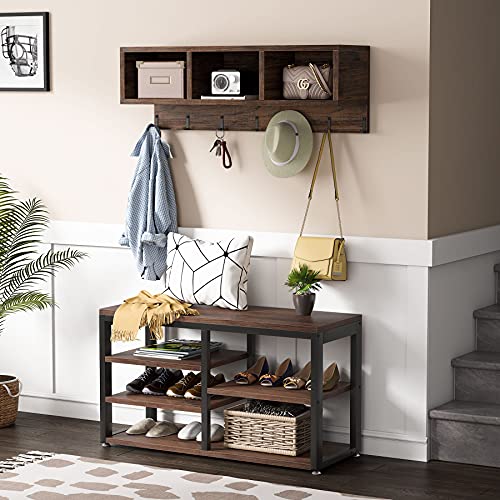 Tribesigns Industrial [Shoe] [Rack] [Bench] with Coat [Rack] Set with Hall Tree, 3 Storage Cubbies, 7 Hooks for Entryway, Hallway, 5-in-1Design, Rustic Brown - color: Rustic Brown
