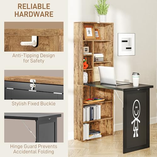 HOMCOM Foldable Desk Wall Mounted Convertible Table, Rustic Brown | Wall Mounted, Space-Saving, Chalkboard, Storage Shelves, for Small Spaces, Home Office, Bedroom, Dorm, Apartment - color: Rustic Brown