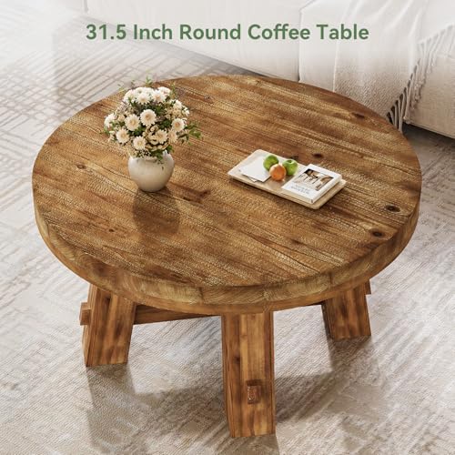 31.5-Inch Round Coffee Table, Solid Wood Center Table with Thickened Tabletop for Living Room, Apartment, Small Space (Rustic Brown) - color: Rustic Brown