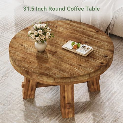 31.5-Inch Round Coffee Table, Solid Wood Center Table with Thickened Tabletop for Living Room, Apartment, Small Space (Rustic Brown) - color: Rustic Brown