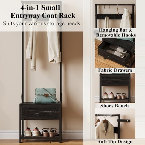 LUMTOK Hall Tree with Shoes Bench Storage,Small Coat Rack with Drawers | 4 in 1 Narrow Hall Tree with shoes storage & fabric drawers,Entryway organizer with coat rack for closet,hallway,bedroom, - color: Black