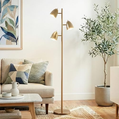 Brightech Jacob LED Standing Lamp, Modern Bright Floor Lamps for Living Rooms & Bedrooms, Tall LED Lighting Lamp with Adjustable 3 Light Tree – Antique Brass/Gold - color: Brass