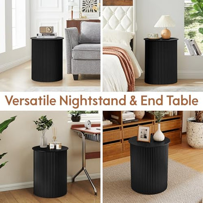Round Fluted Side Table Set of 2, 17.7" Mid-Century Modern End Tables, Wooden Bedside Table Round Nightstand Small Circle Sofa Accent Table for Living Room, Bedroom Home(Black) - color: Black, size: 17.7"D x 17.7"W x 21.6"H