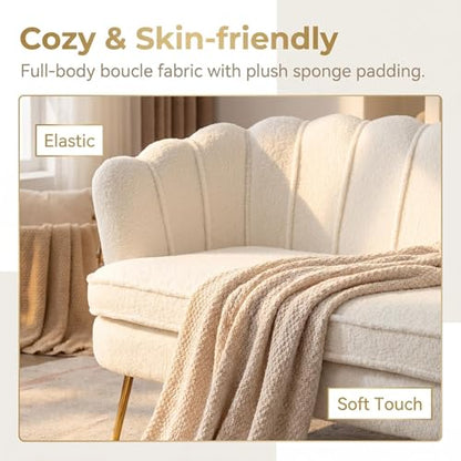Modern Boucle Loveseat Couch, Futon Small Sofa with Gold Metal Legs | 2-Seater Upholstered Mini Sofa Couches for Small Space,Living Room Bedroom Office Dorm Studio Apartment Love Seat Couche - color: White