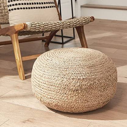Decor Therapy Round Pouf Ottoman Footrest, Natural Jute Woven, Boho Pouf, Bohemian Style Casual Seating for Living Room, Bedroom, Patio Decor 19"x 19"x 10.5"