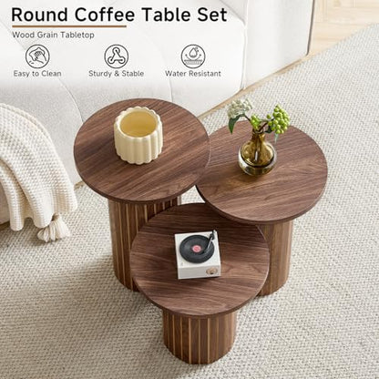Round Nesting Coffee Table Set of 3 Mid Century Modern Wood Round Coffee Tables with Flexible Small Boho Circle End Table for Space Saving Living Room Comedor Home Office Bedroom(Brown) - color: 3pcs Brown