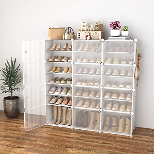 Portable Shoe Rack Organizer with Door, 48 Pairs Shoe Storage Cabinet Easy Assembly, Plastic Adjustable Shoes Organizer Stackable Detachable Free Standing Shoes Rack White - color: White, size: 48" Wide-48 Pairs