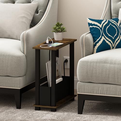 Furinno Turn-S-Tube 2-Tier Slim Narrow Side Table with Charging Station and Storage Bins, End Table, Night Stand, Bedside Table with USB and Type-C Charging Port, for Living Room, Bedroom, Amber Oak - color: Amber Oak/Black/Black