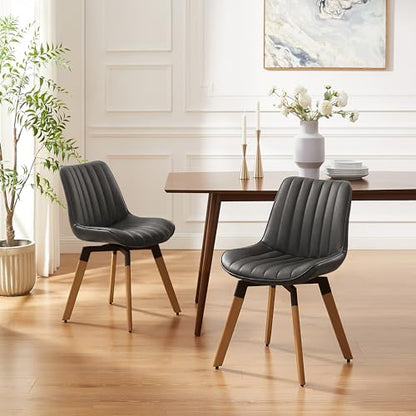 Mid Century Upholstered Swivel PU Dining Chairs Set of 2 Dark Gray | 360° swivel curved foam-padded seat armless design dining room chairs accent chairs solid wood legs floor protection pads - color: Black Gray, size: Set of 2-PU