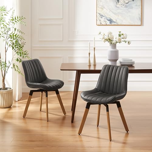 Mid Century Upholstered Swivel PU Dining Chairs Set of 2 Dark Gray | 360° swivel curved foam-padded seat armless design dining room chairs accent chairs solid wood legs floor protection pads - color: Black Gray, size: Set of 2-PU