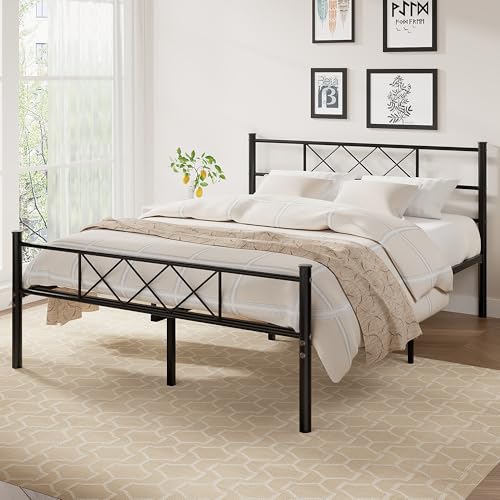 VECELO Full Size Bed Frame with Headboard, Heavy Duty Bedframe with Strong Metal Slats, No Box Spring Needed & Easy Assembly, Matte Black - color: Matte Black, size: Full