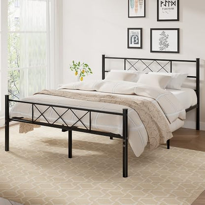 VECELO Full Size Bed Frame with Headboard, Heavy Duty Bedframe with Strong Metal Slats, No Box Spring Needed & Easy Assembly, Matte Black - color: Matte Black, size: Full