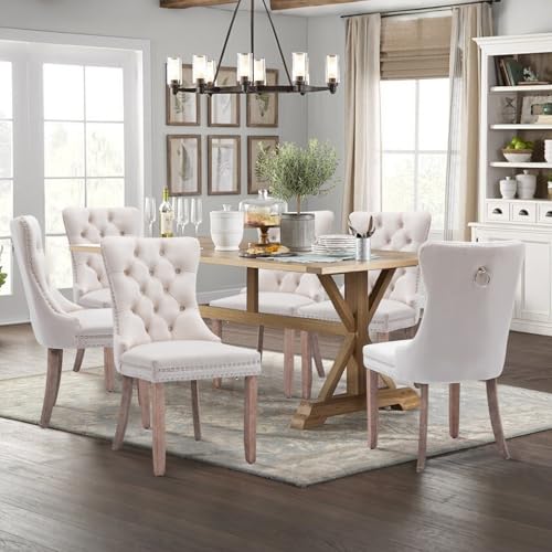 Velvet Upholstered Dining Chairs Set of 6, Modern Style Kitchen Side Chairs with Nailhead Trim and Wood Legs,Metal Pulling Ring for Dining Room Living Room(Beige,Set of 6) - color: Beige, size: Set of 6