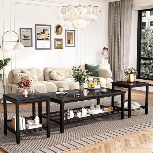 3 Pieces Living Room Table Set, Industrial Coffee Table with 2 Square End Side Tables, Coffee Table Set with Metal Frame for Apartment Home Office, Black - color: Black