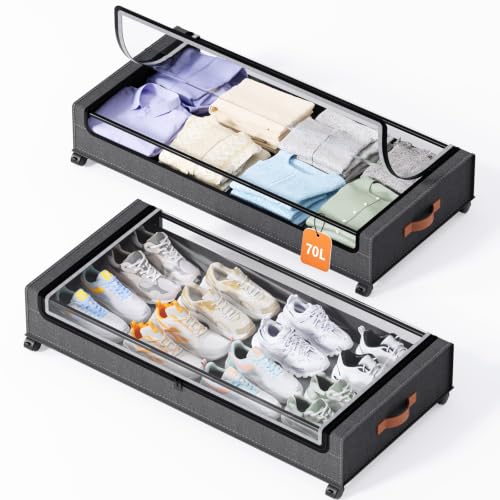 Yecaye 70L Under Bed Storage with Wheels, 2Pack Larger Capacity Under Bed Storage Containers, Underbed Shoe Storage Organizer, Rolling Under Bed Metal Drawers for Clothes, Blankets(35.5 x 17 x 6.7in) - color: Hemp Grey, size: X-Large-70L