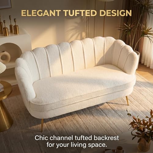 Modern Boucle Loveseat Couch, Futon Small Sofa with Gold Metal Legs | 2-Seater Upholstered Mini Sofa Couches for Small Space,Living Room Bedroom Office Dorm Studio Apartment Love Seat Couche - color: White