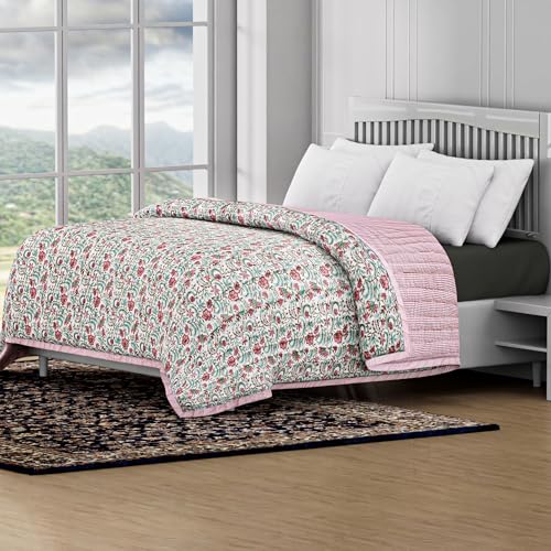 Block Print Reversible Cozy Quilt Tulip Pink Twin 60" X 90" Lightweight Blanket for Sofa, Couch, Bed Soft Breathable Comforter Handmade Bedspread Duvet for Farmhouse, Home, Winter - color: Tulip Pink, size: Twin 60" X 90"