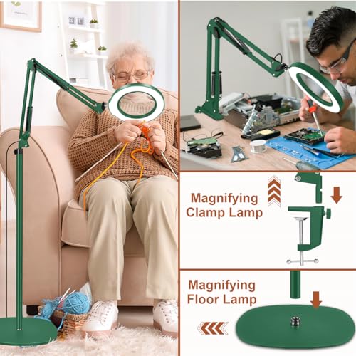 LANCOSC 15X Magnifying Glass with Light and Stand, 3-in-1 Adjustable Swing Floor Lamp, 5 Color Modes Stepless Dimmable, LED Lighted Hands Free Magnifier & Clamp for Reading, Crafts, Painting - Green - color: Green