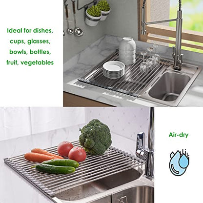 Tomorotec Roll Up Dish Drying Rack Over Sink, SUS304 Steel, 17.7x11.5,Gray | Heat Resistant to 550°F With Non-Slip Silicone Grips, Multipurpose Trivet for Hot Pots, Dishwasher Safe - size: 17.7" x 11.5"