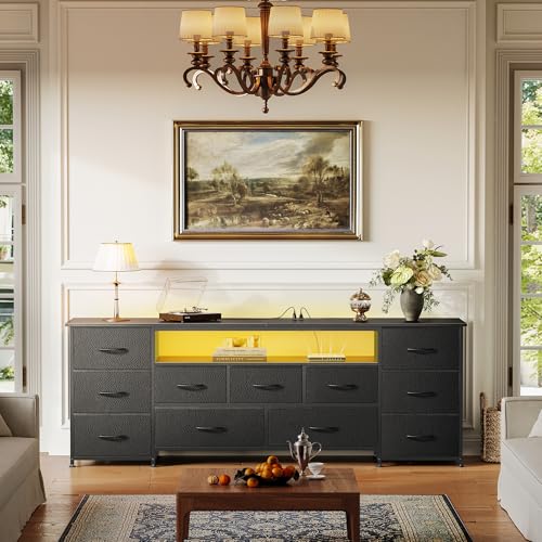 Huuger 63 Inch TV Stand for 65, 70 Inch TV, 11 Drawer Long Dresser with Power Outlets and LED Lights, Entertainment Center with Storage, Black Dresser with PU Leather Surface - color: Black, size: 13"D x 63"W x 26.8"H