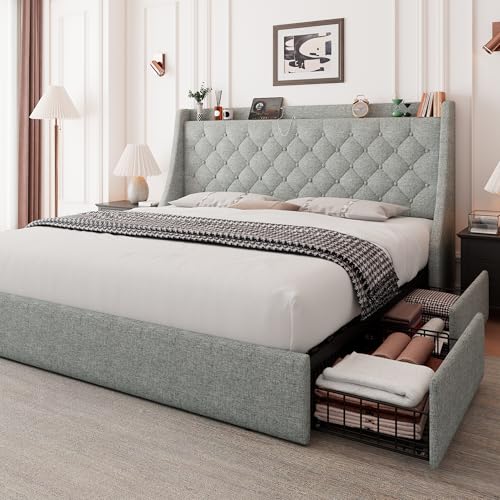 Feonase Upholstered Full Size Bed Frame with 4 Storage Drawers, Charging Station and Tufted Wingback Storage Headboard, No Box Spring Needed, Easy Assembly, Light Grey - color: Light Grey, size: Full