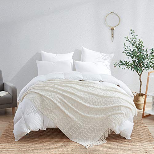 KASYLAN Acrylic Knitted Throw Blanket for Sofa Bed 50x60 Inch Off White | Ultra soft acrylic knit, lightweight warm, multi-scene for sofa couch bed, machine washable, breathable textured throw - color: Rhombu-off White