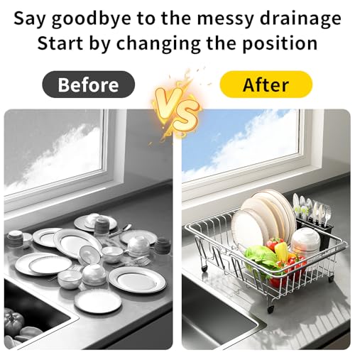 Expandable Over The Sink Dish Drying Rack - Adjustable Stainless Steel Dish Rack for Kitchen Counter or In-Sink, Heavy-Duty Rust-Proof Space Saving Drainer with Utensil Holder (15.5" to 23.2")