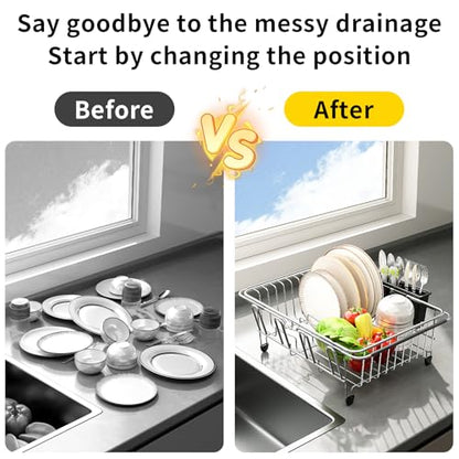 Expandable Over The Sink Dish Drying Rack - Adjustable Stainless Steel Dish Rack for Kitchen Counter or In-Sink, Heavy-Duty Rust-Proof Space Saving Drainer with Utensil Holder (15.5" to 23.2")