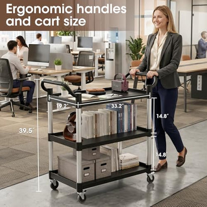 Plastic Utility Carts with Wheels, 3-Tier Rolling Cart with 4 Lockable Wheels, Heavy Duty 600 LBS Capacity Food Service Cart (Does Not Contain Recycled Plastic),19.3" D x 38.5" W x 39.5" H - size: Large