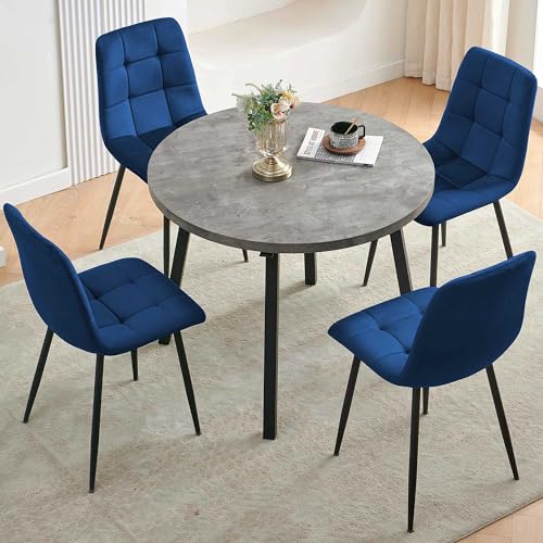 Homedot 5-Piece Round Dining Table Set for 4, Grey Engineered Wood Coffee Breakfast Table with Hooks, 4 Soft Velvet Kitchen Dining Chairs, Metal Legs - color: Navy Blue, size: 1* Grey Round Table+4*Chair