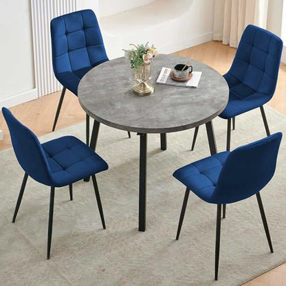 Homedot 5-Piece Round Dining Table Set for 4, Grey Engineered Wood Coffee Breakfast Table with Hooks, 4 Soft Velvet Kitchen Dining Chairs, Metal Legs - color: Navy Blue, size: 1* Grey Round Table+4*Chair