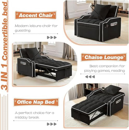 Sleeper Sofa Chair Bed 3 in 1 with Charging Ports, Phone Holder & Cup Holders - Modern Velvet Convertible Pull Out Single Sofa Bed for Small Spaces, Apartment, Dorm (Black) - color: Black