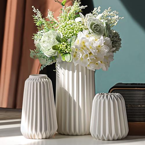Ceramic Vases Set of 3-White Vase for Modern Home Decor, Flower Vases for Aesthetic Room Decor,Boho Decor Wedding Dinner Table Party Office Centerpiece Table Decorations (White 3 Set) - color: White 3 Set