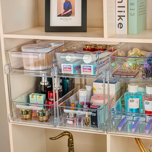 4Pack 2-Tier Bathroom Storage Organizer, Clear Under Sink Organizers Kitchen Vanity Counter Storage Container, Medicine Cabinet Drawers Bins, Pull-Out Organization with Track for Pantry