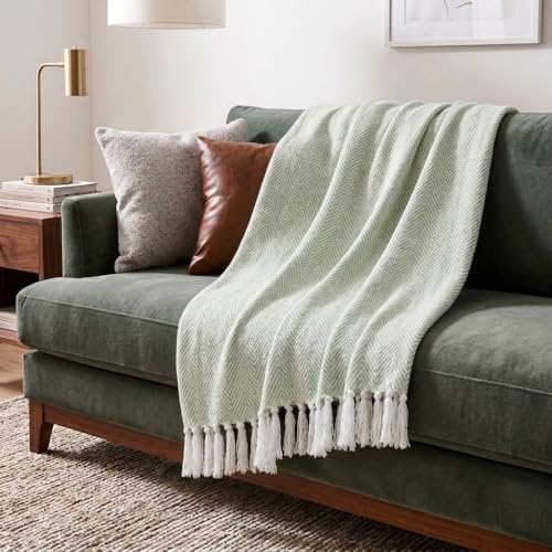 Americanflat 50x60 Throw Blanket - Soft and Breathable Cotton Throw Blanket for Couch, Bed, Chair - Decorative Blankets Perfect for Home or Outdoor Use - Light Green and White Herringbone Design - color: Zaina Seafoam and White Herringbone
