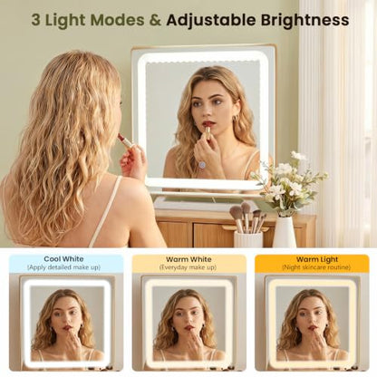 Small Vanity Desk with Lights Mirror, Compact Makeup Vanity Table with Stool, Fluted Wood Vanity with Power Outlet, 3 Color Adjustable LED, Large Drawers, Modern Dressing Table for Bedroom