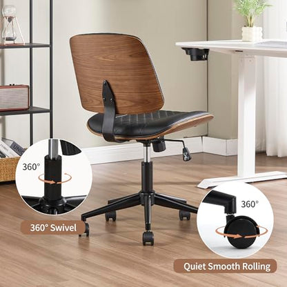 VipDesk Small Home Office Chair - Armless Mid Back Desk Chair with 360° Swivel and Wheels, PU Upholstered Height Adjustable Modern Walnut Computer Chair for Home, Office Meeting Room - Black - color: Black, size: MCM Style