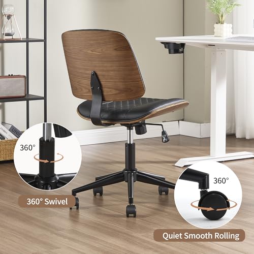 VipDesk Small Home Office Chair - Armless Mid Back Desk Chair with 360° Swivel and Wheels, PU Upholstered Height Adjustable Modern Walnut Computer Chair for Home, Office Meeting Room - Black - color: Black, size: MCM Style