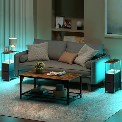 TUTOTAK Narrow LED End Table with Charging Station, Skinny Side Table | Bedside Table with Outlets, Nightstand with 2 Cloth Drawers, Couch Table for Living Room, Bedroom, Brown and Black TB01BB056K - color: Brown and Black, style: 2 Drawers with Plug & Li