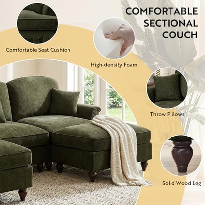Modular Sectional Sofa Couch, Comfy Chenille Sofa with Removable Ruffled Skirt, Flared Armrests, Sturdy Legs, Convertible Sectional for Living Room, Bedroom, Apartment (Green) - color: Green, size: 107.1 Inch U