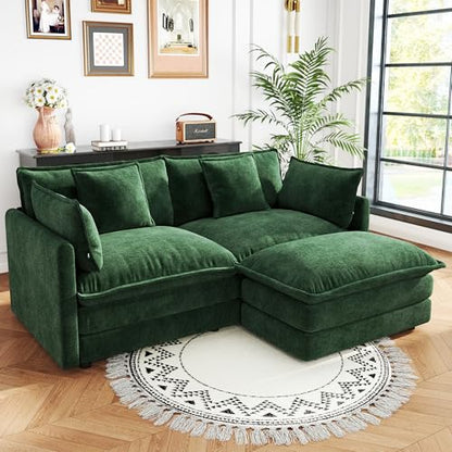 76.7 Inch 2-Seat Modular Sectional Cloud Sofa, L-Shaped, Green | Chenille Deep Seat Sofa with Pillow for Living Room, Bedroom and Apartment - color: Green, size: 76.7 inch-L