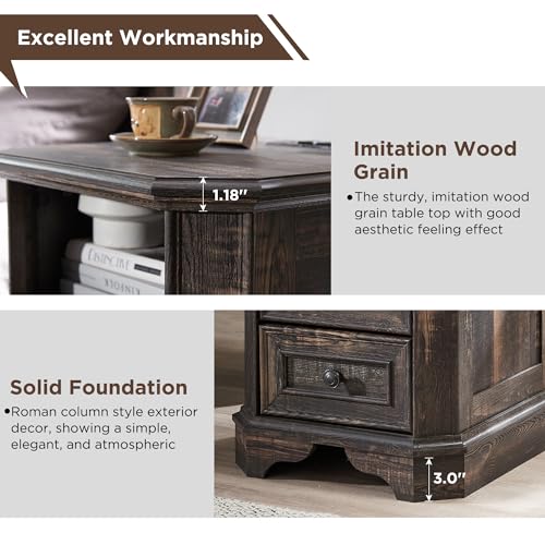 T4TREAM Farmhouse Nightstand with Charging Station, 18" End Table with 2 Drawers, Wood Side Table, Bedside Cabinet for Bedroom, Living Room (Dark Rustic Oak) - color: Dark Rustic Oak