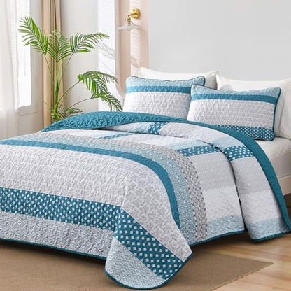 WONGS BEDDING Teal Blue Queen Size Quilt Set, Boho Striped Bedspread | 3 Pieces Ultra Soft Lightweight Bedding Set with 2 Pillow Shams for All Seasons,Reversible Polyester (96"x90") - color: Blue Grey, size: Queen