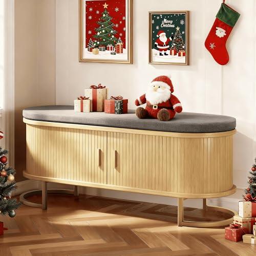 Decofy 47.2'' Entryway Storage Bench Seat with Sliding Door, Large Shoe Bench with Sturdy Metal Feet & Soft Cushion, Multi-Scene Use for Entrance, Bedroom & Living Room（Oak） - color: Oak