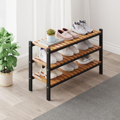 Bamboo Shoe Rack Organizer for Closet and Entryway - Space-Saving Narrow Shoe Stand - Versatile Shoe Holder for Door or Closet Shelf, Garage Bedroom can Freely Stack DIY Small Shoe Racks 3 Tier - color: Black+natural Color, size: 3-Tier