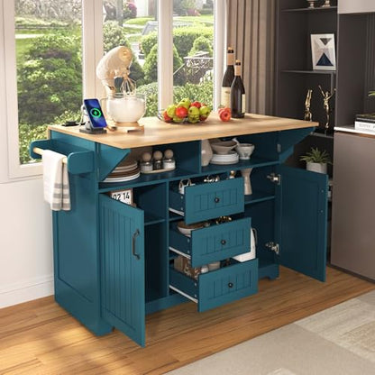 55.7'' Large Kitchen Island with 2 Drop Leaf, Rolling Kitchen Cart on 5 Wheels with Power Outlet, Folding Storage Dining Table with Spice & Towel Rack, 3 Drawers, for Kitchen, Dining Room,Green - style: Green