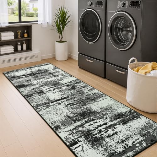2x6 Hallway Runner Rug Washable Non-Slip Black White Low Pile Rugs | Stain Resistant, Soft Faux Wool, Abstract Pattern for Kitchen Walkway, Laundry Room, Entryway, Hallways - color: Black White, size: 2' x 6'(24''x72'')