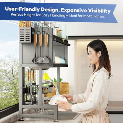 Hdrriozu Over the Sink Dish Drainer Drying Rack 3 Tier with Cover | Rust resistant built to last. Easy install simple tools. Holds all dishes glasses bowls. Space saving over sink tidy kitchen. - color: Matte gray