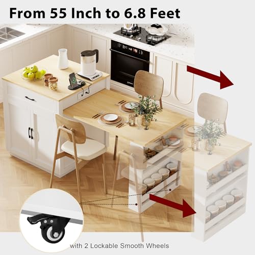 Kitchen Island, Extendable Dining Table with Power Outlet | Extendable dining table seats 2-6 guests, slides from compact prep island to family dining setup - color: White Oak + Natural Wood Grain Table + Mdf