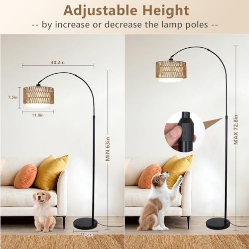 eyassi Arc Floor Lamp with Remote, Modern LED Floor Lamp with Dimmable Bulb, Boho Farmhouse Standing lamp with Fabric & Rattan Lampshades, Height Adjustable Black Tall Lamp for Living Room Bedroom - style: Farmhouse